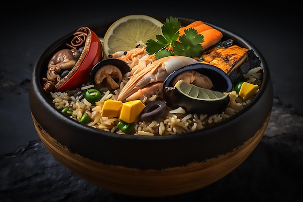 쌀, 야채 및 기타 식품을 포함한 다양한 음식이 담긴 음식 한 그릇.