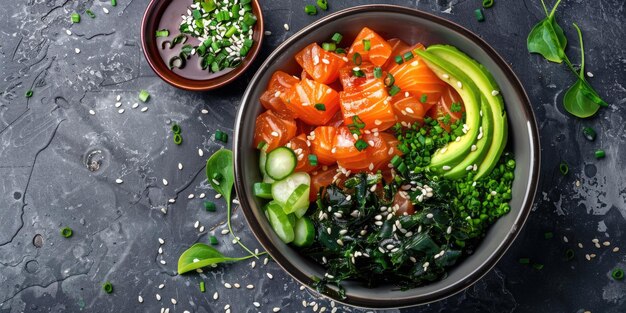 A bowl of food with a variety of ingredients including avocado broccoli and salmon The bowl is placed on a counter with a few other bowls and a bottle