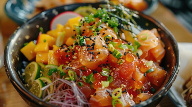 A bowl of food with a variety of ingredients including fish vegetables and nuts The bowl is black and has a mix of colors and textures Scene is appetizing and inviting as the food looks delicious