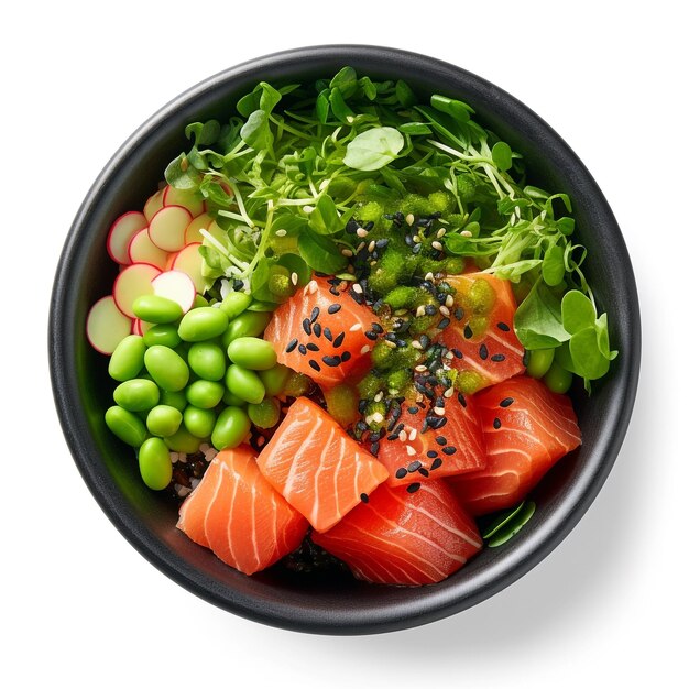 A bowl of food with a variety of sashimi and vegetables.