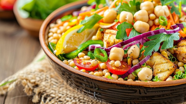 A bowl of food with a variety of vegetables and chickpeas