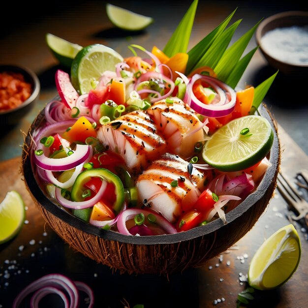 a bowl of food with a variety of vegetables and a fork