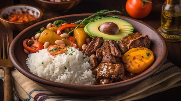 A bowl of food with a variety of vegetables and meats.