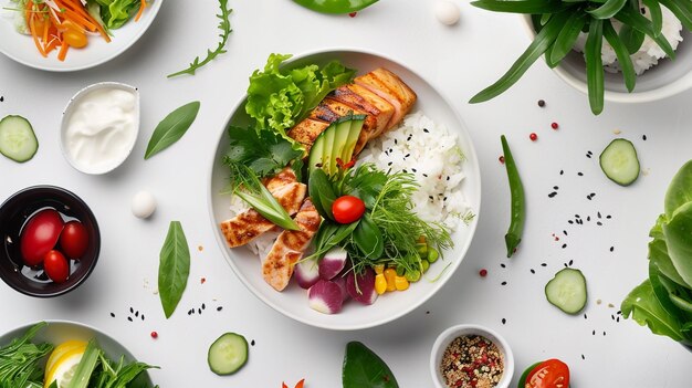 Photo a bowl of food with a variety of vegetables and rice