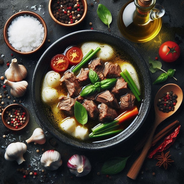 Photo a bowl of food with vegetables and a bottle of olive oil