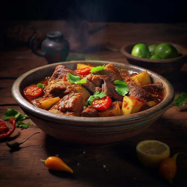 A bowl of food with vegetables and a bowl of food on the table.