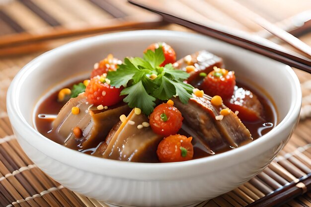 a bowl of food with vegetables and meat.