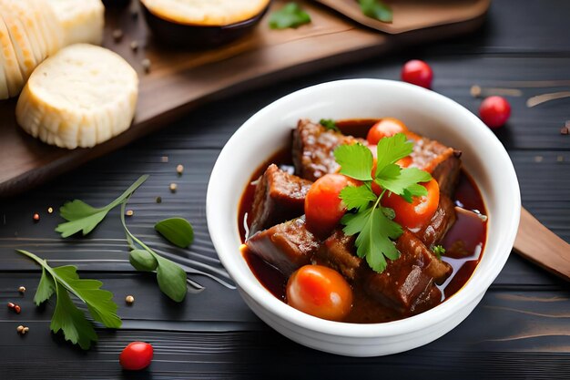 Photo a bowl of food with vegetables and spices on a table.