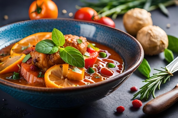 A bowl of food with vegetables and spices