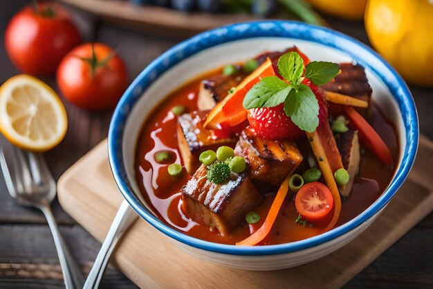 a bowl of food with vegetables and a spoon.