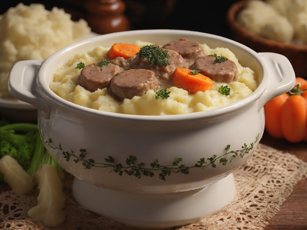 a bowl of food with a white bowl of mashed potatoes and carrots.