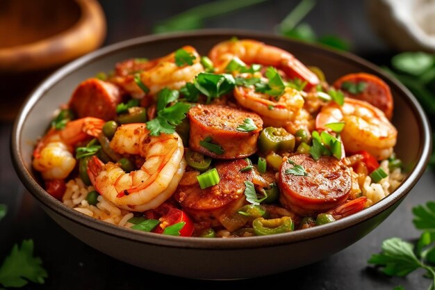 a bowl of fragrant and spicy jambalaya with sausage AI generated