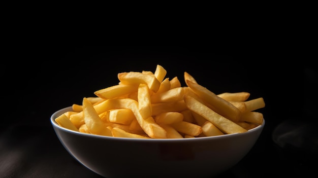 A bowl of french fries on a black background