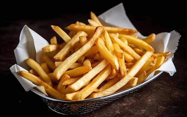 A bowl of french fries is shown on a table.