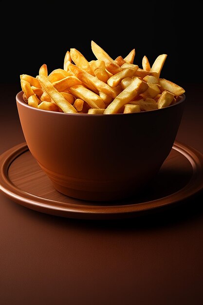 A bowl of french fries sits on a brown plate.