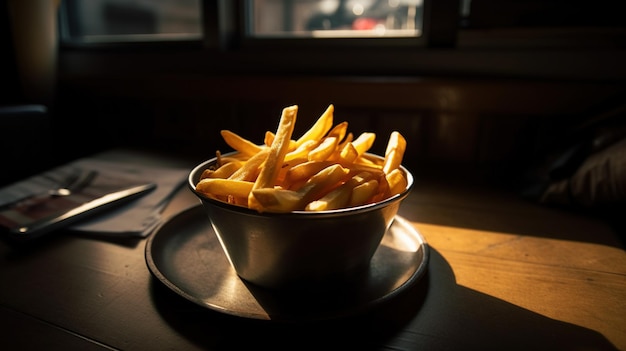 A bowl of french fries sits on a table in a restaurant.