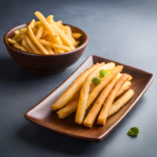 A bowl of french fries with green garnishes on the side.