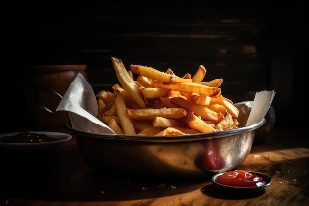 A bowl of french fries with ketchup on the side.