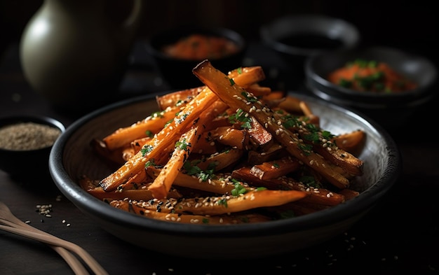 A bowl of french fries with sesame seeds on top.