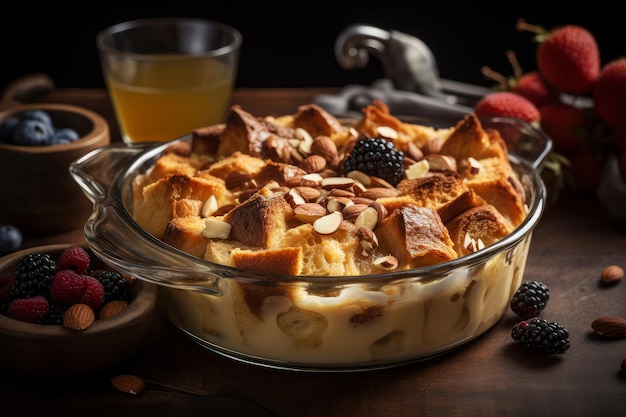 A bowl of french toast casserole with a glass of fruit on the table