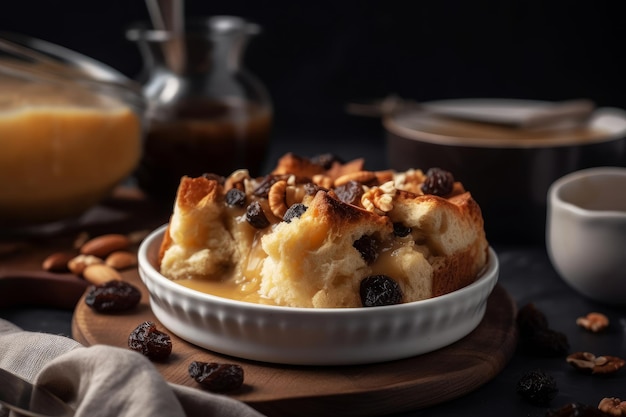 A bowl of french toast with raisins and raisins on a wooden table.