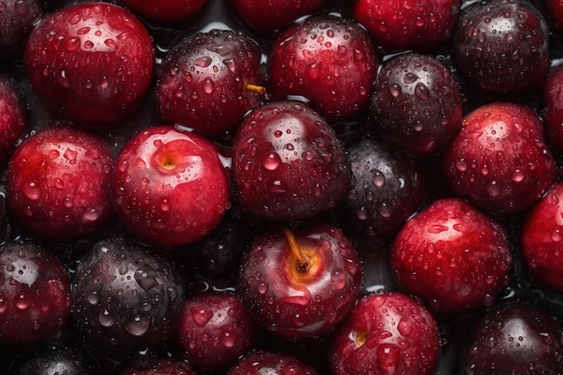 A bowl of fresh cherries with water droplets on them