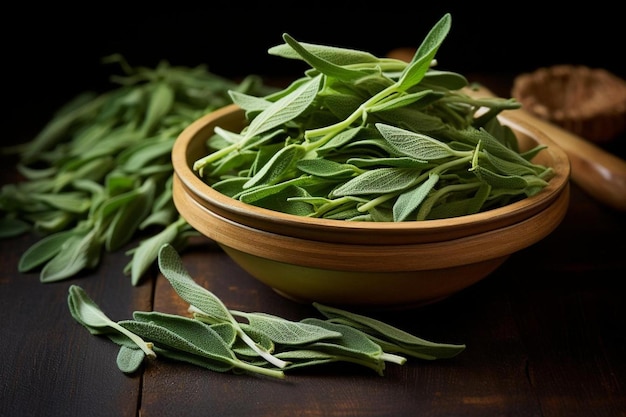 a bowl of fresh green basil sits on a wooden table.