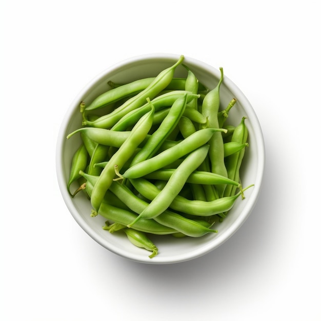 Bowl of fresh green beans isolated on white background top view