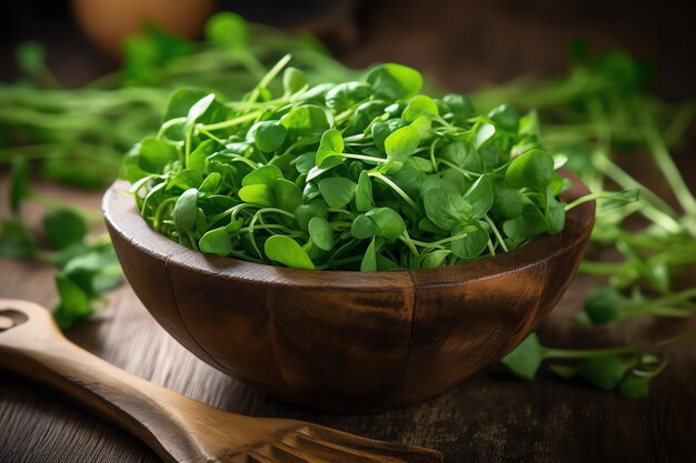 A bowl of fresh green parsley on a wooden table