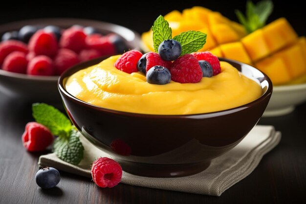 Bowl of Fresh Mango Smoothie with Fruit Garnish Mango image photography