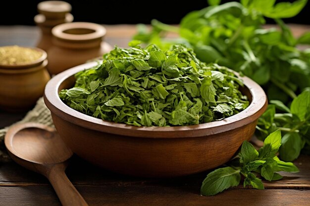 a bowl of fresh mint leaves sits on a table.