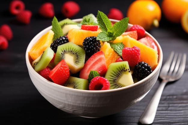 Bowl of fresh mixed fruit salad with mint leaves on top