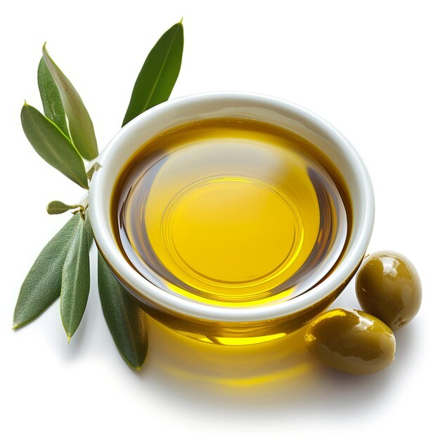 Photo bowl of fresh olive oil isolated on white background