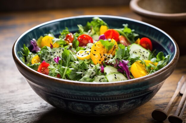 A bowl of fresh salad with glutenfree dressing