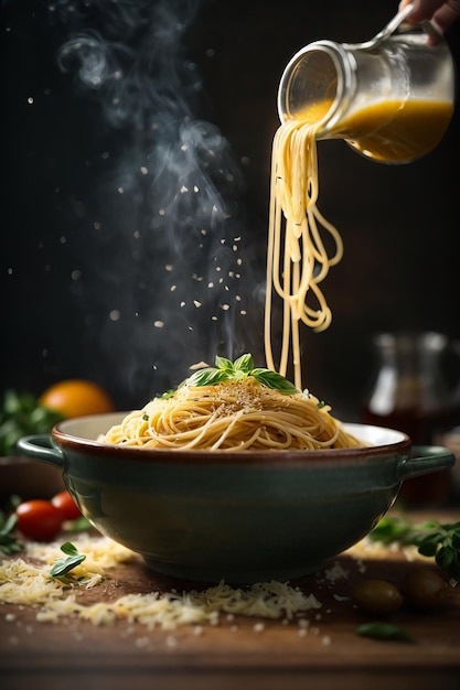 A bowl of fresh spaghetti with steaming smoke