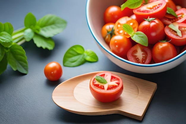 신선한 토마토 한 그릇이 바질 한 그릇 옆에 있는 커팅 보드에 있습니다.