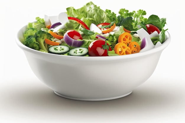 A bowl of fresh tossed salad veggies Picture of a raw salad in a white bowl