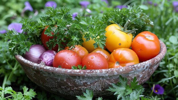 Photo a bowl of fresh vegetables from the garden