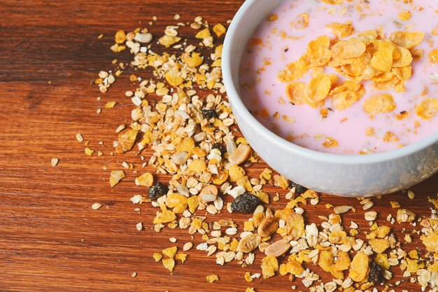 Bowl of fresh yogurt with granola and dried fruit