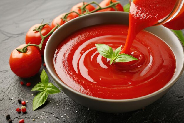 Foto una ciotola di ketchup appena versato che cattura l'essenza della raffinatezza culinaria