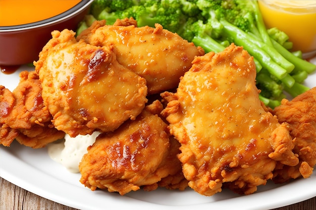 A bowl of fried chicken with a sprig of parsley on the side