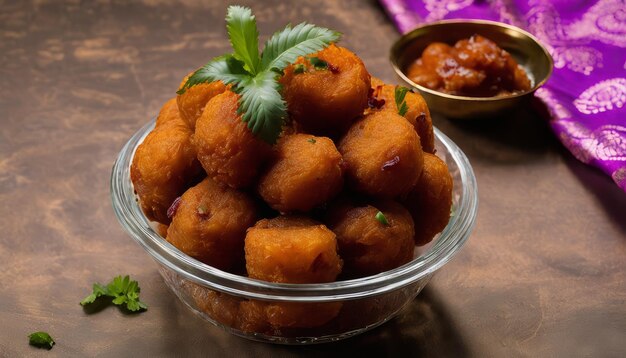 A bowl of fried food with a spoon and a small bowl of sauce