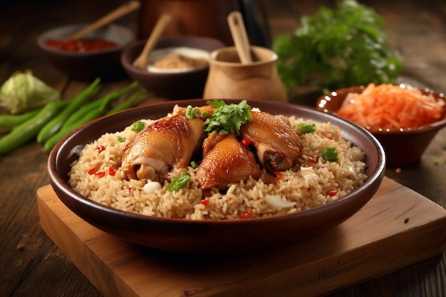 A bowl of fried rice with chicken on top.