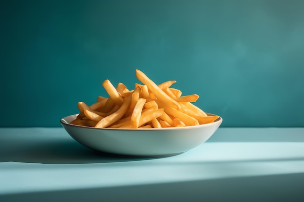 A bowl of fries on a blue table