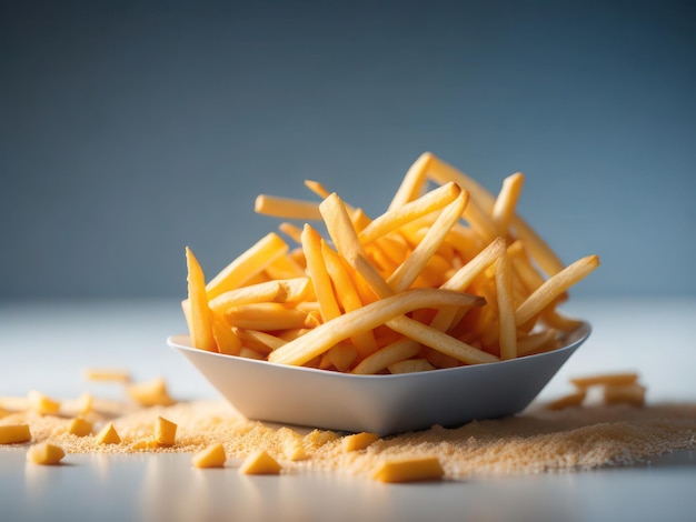 A bowl of fries is sitting on a table with a blue background.