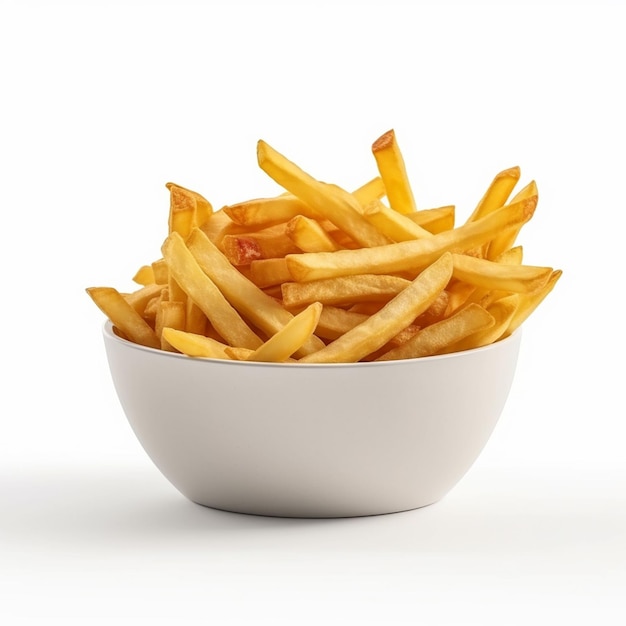 A bowl of fries is sitting on a white surface.