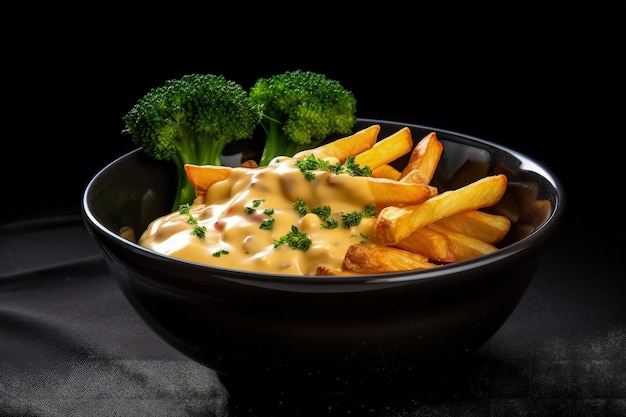 A bowl of fries with broccoli on the side