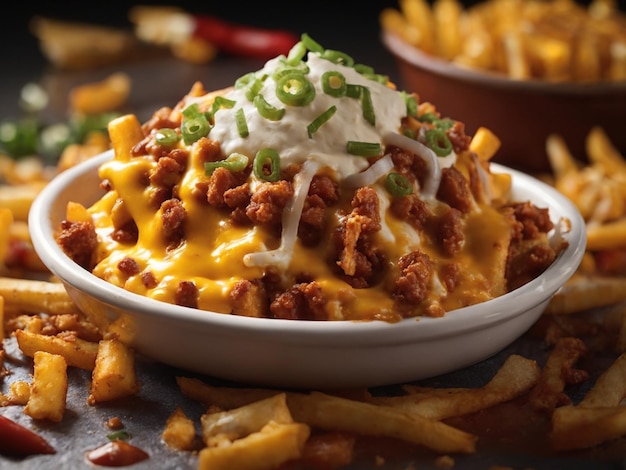 a bowl of fries with cheese and chili on top of it.