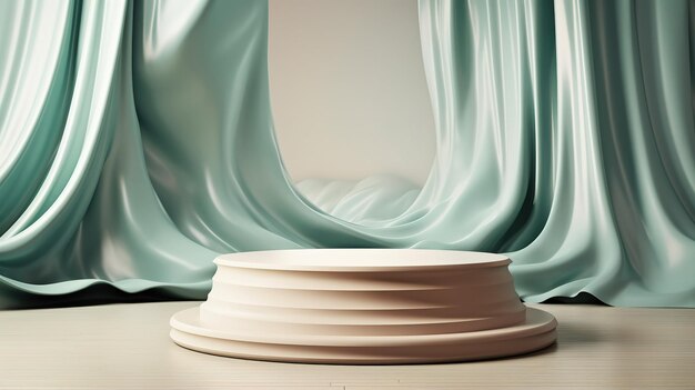 A bowl in front of a curtain