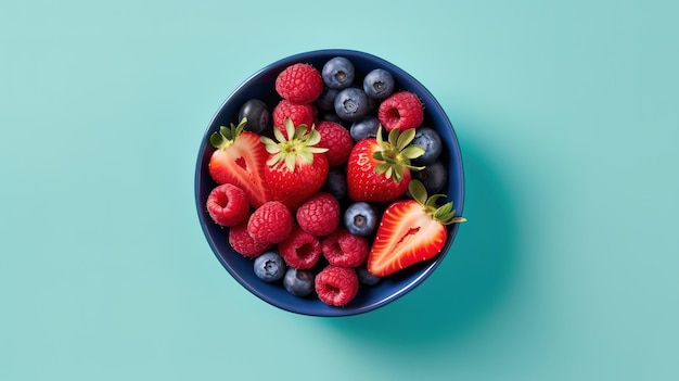 A bowl of fruit on a blue background